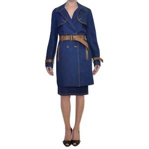 Pre-Owned ABS by Allen Schwartz Denim Belted Double-Breasted Trench Coat Blue M